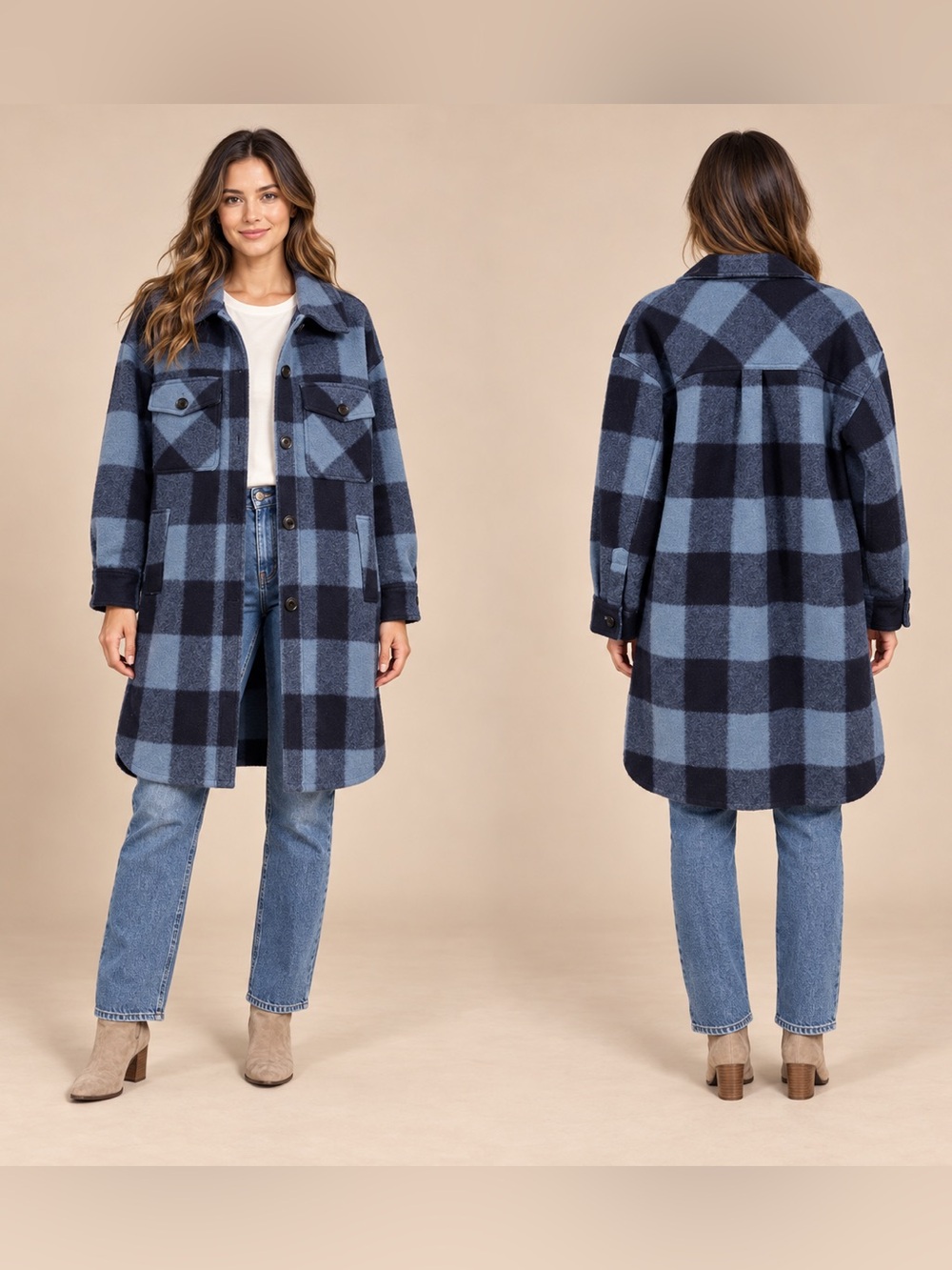 BCBGeneration Navy Blue Buffalo Plaid Longline Shacket Coat Medium